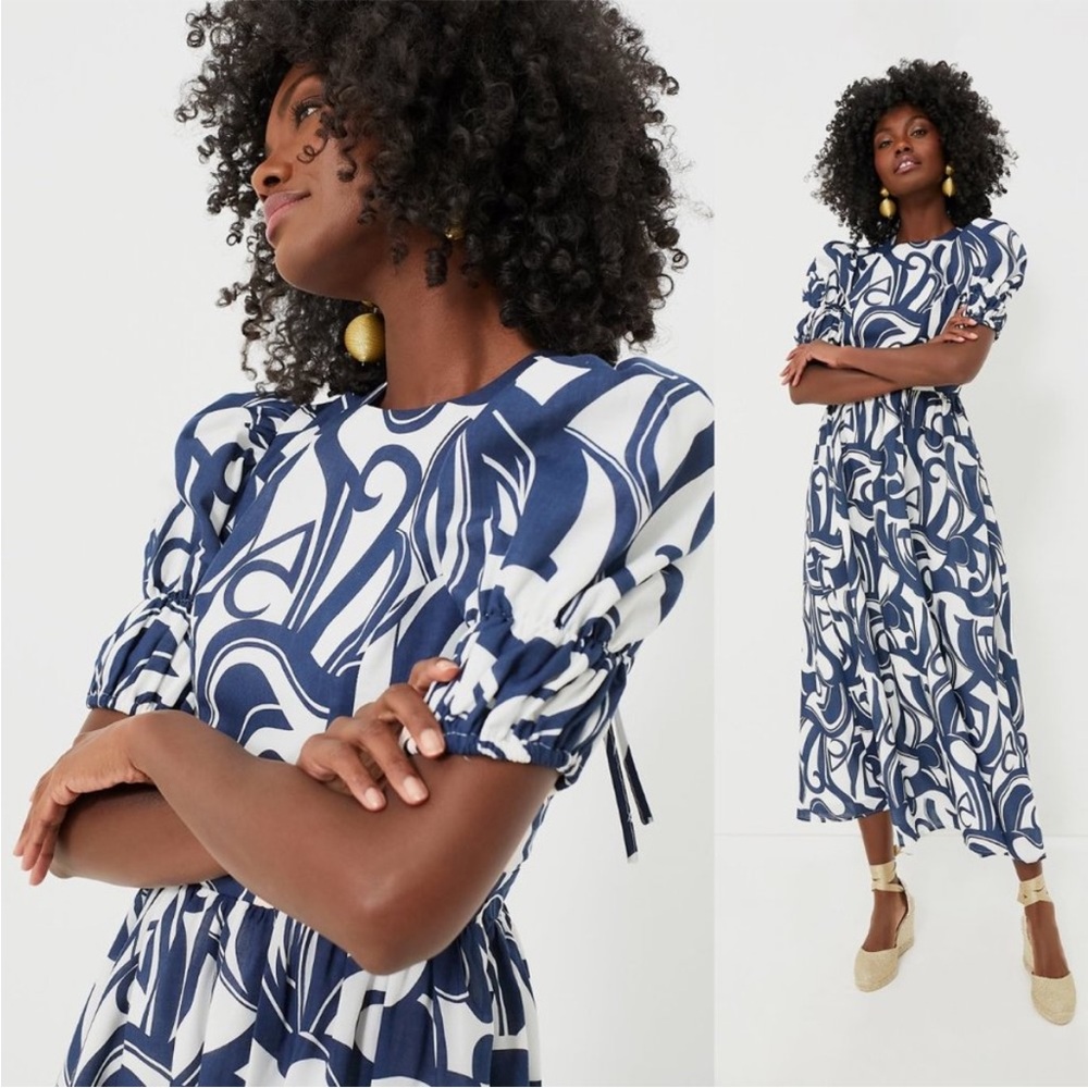 Hyacinth House NEW Navy and White Wilhelmina Puff Sleeve Maxi Dress Size